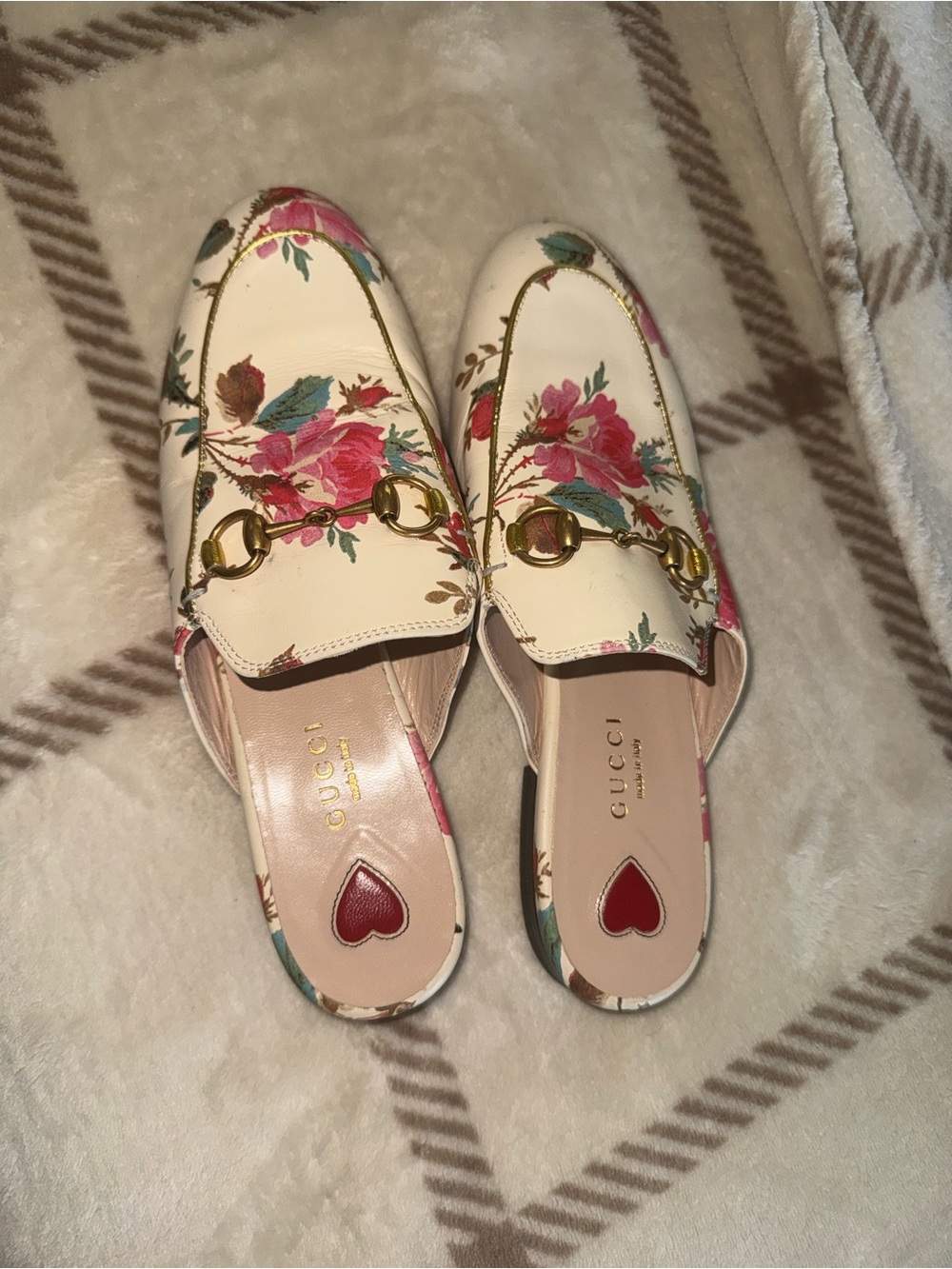 Gucci White Floral Leather Horsebit Mule